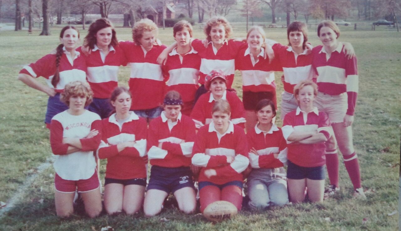 The first-ever team photo of the Wisconsin Women's Rugby Football Club at a tournament in Indiana in the spring of 1976. Thank you to alumni Nancy "Red" Thorne Cahill for sharing this with our team. 